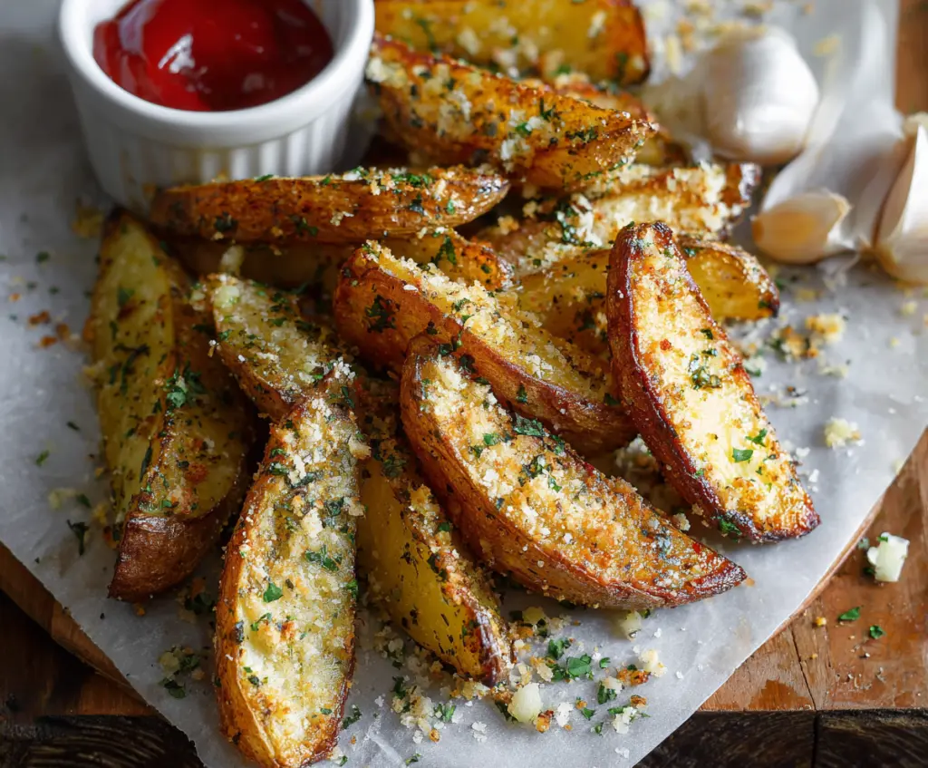 Golden roasted garlic Parmesan potato wedges served with crispy edges and savory flavor.