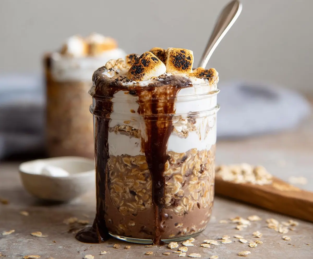 Delicious S’mores Overnight Oats topped with chocolate, marshmallows, and graham crackers for a sweet breakfast treat.