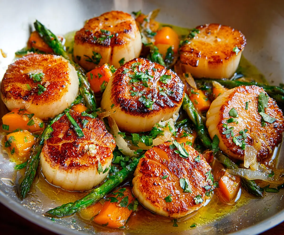 Delicious seared scallops served on a elegant plate with lemon garnishes.