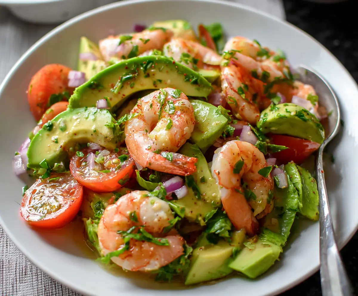 Delicious shrimp and avocado salad served fresh on a plate, perfect for a healthy meal.