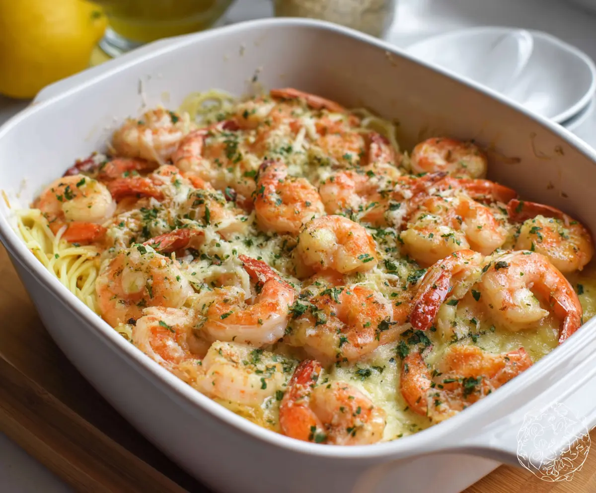 Delicious shrimp scampi bake topped with fresh herbs and melted cheese on a white serving dish.