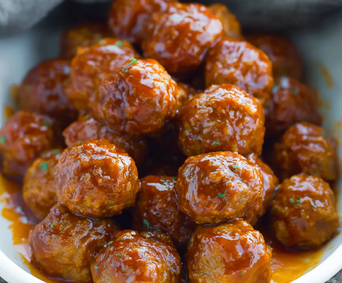 Delicious slow cooker honey buffalo meatballs served on a plate with a side of vegetables.
