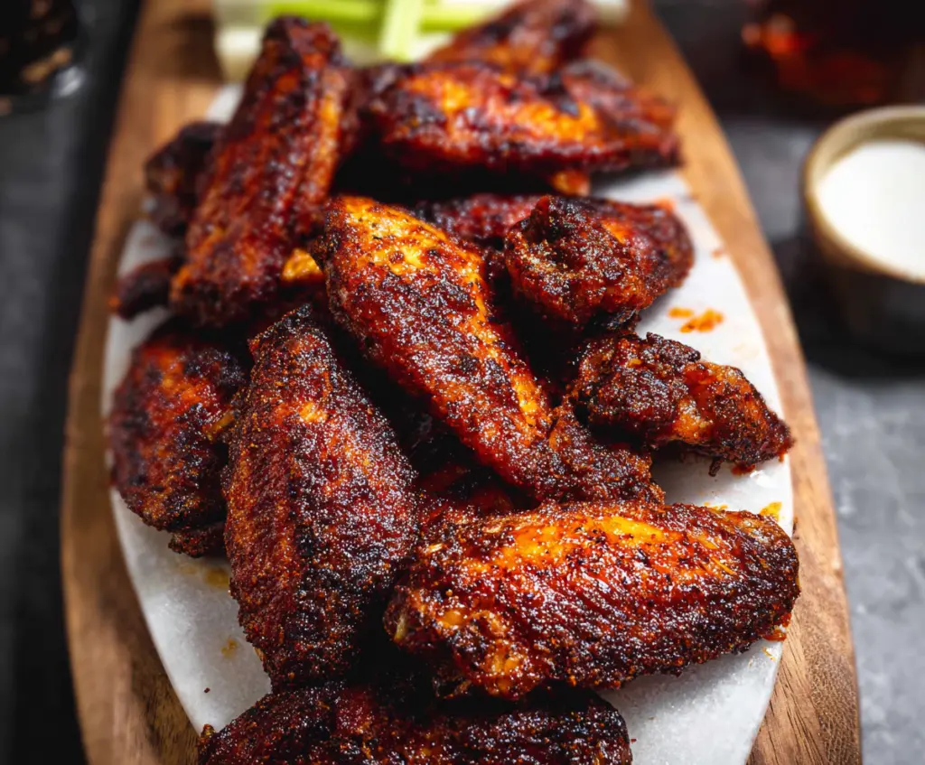 Juicy smoked chicken wings with a crispy exterior served on a platter