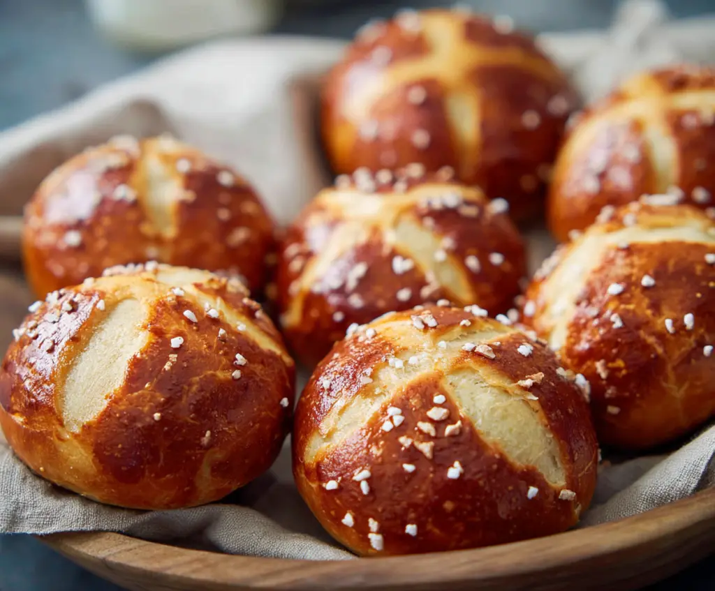 Close-up of soft pretzel buns with a glossy golden-brown crust, perfect for burgers and sandwiches.