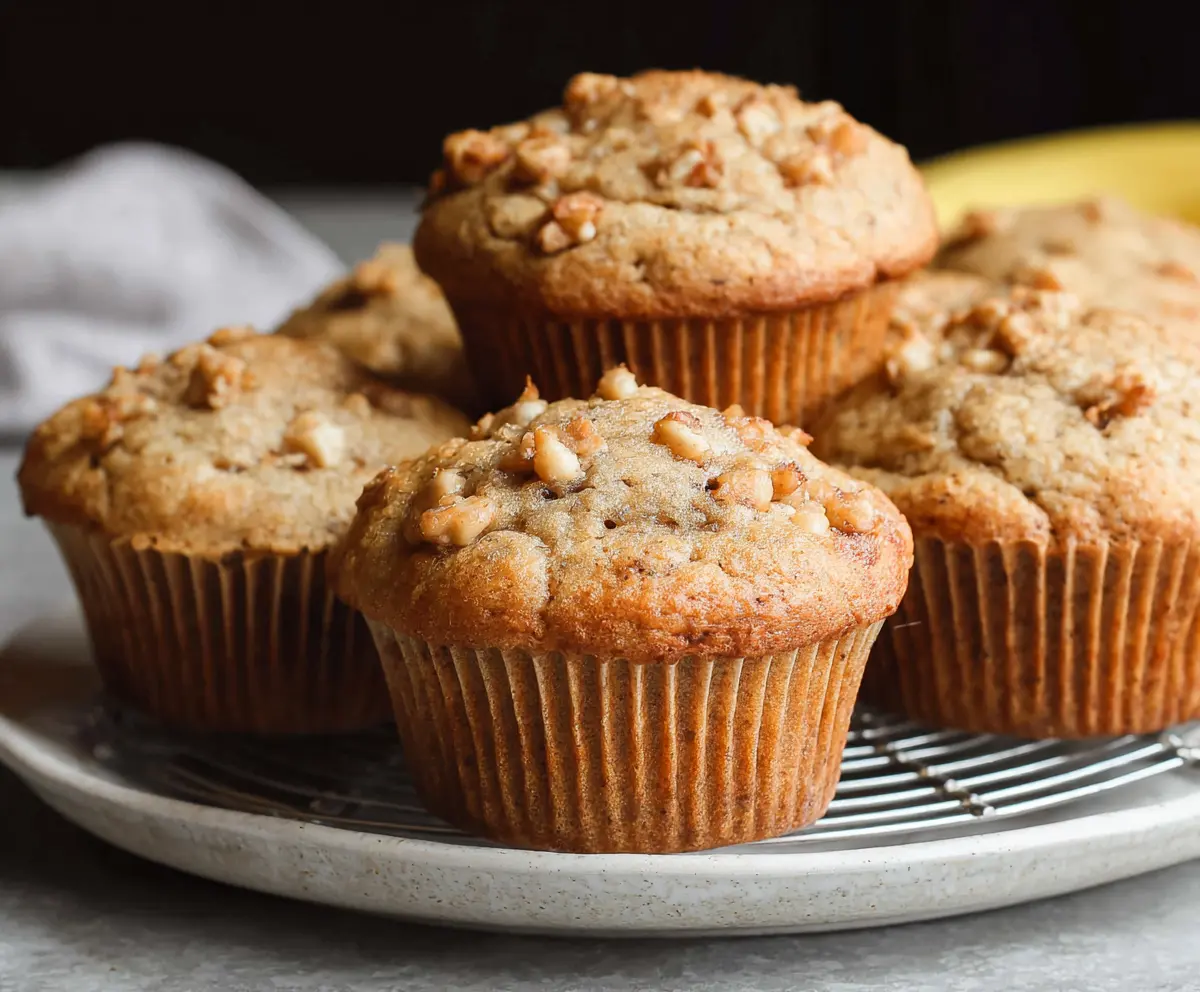 Delicious homemade sourdough banana muffins garnished with fresh bananas and a drizzle of honey.