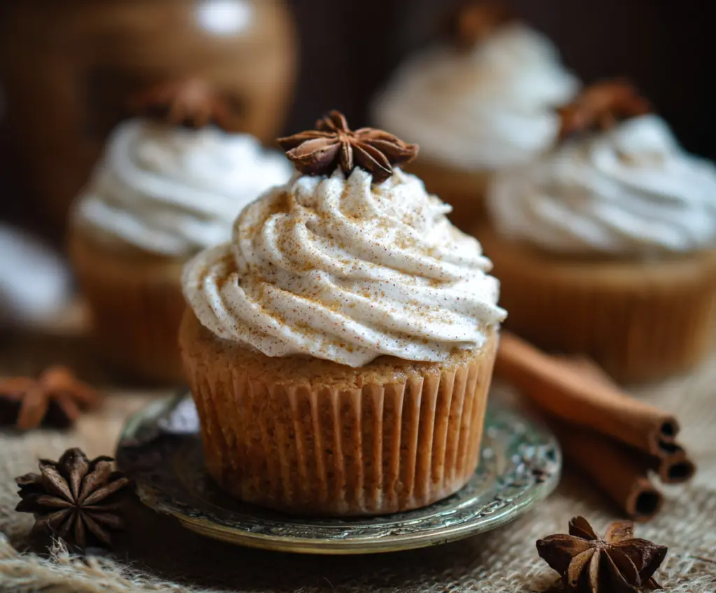 Delicious Sourdough Chai Cupcakes topped with spices and frosting, perfect for tea time or dessert.