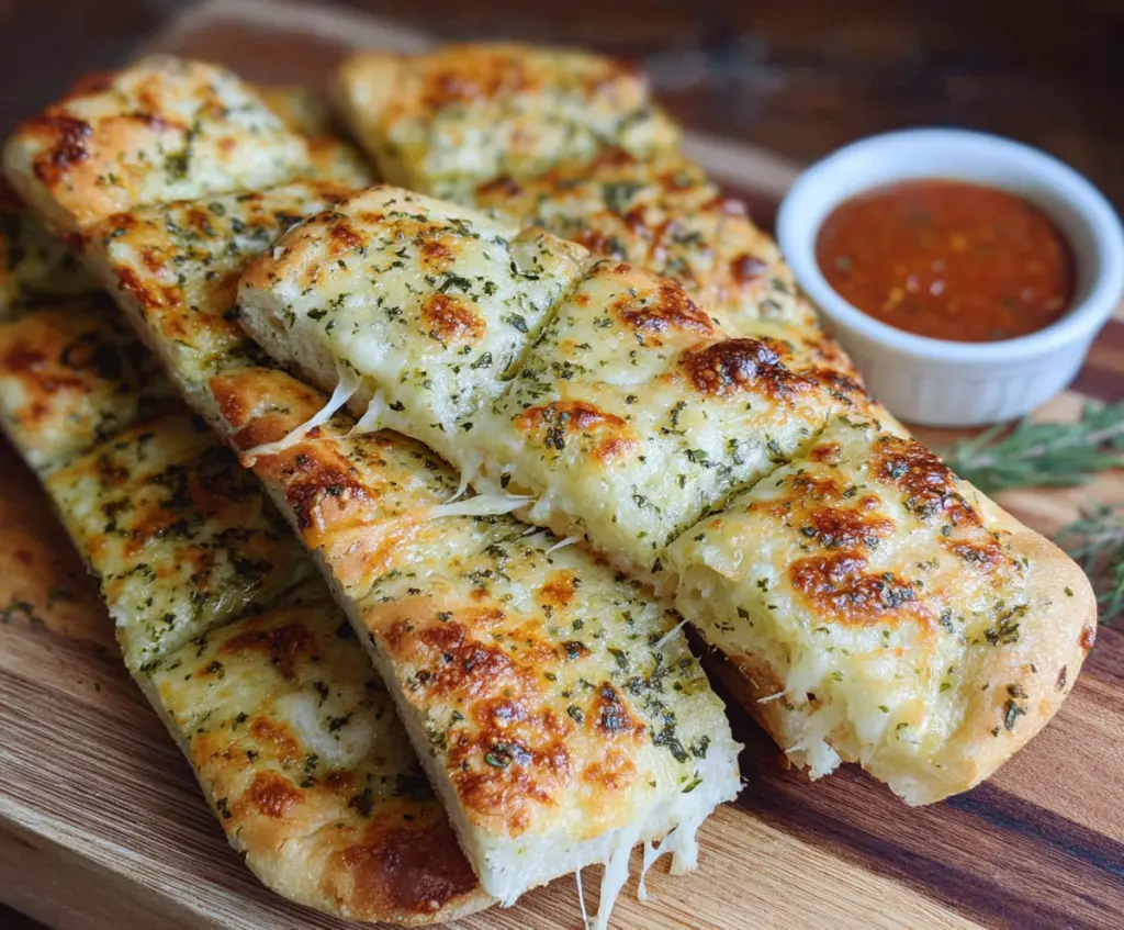 Delicious homemade sourdough cheesy breadsticks with melted cheese and golden crust.