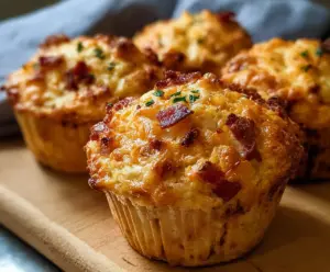 Delicious sourdough discard bacon and cheddar breakfast muffins on a plate.