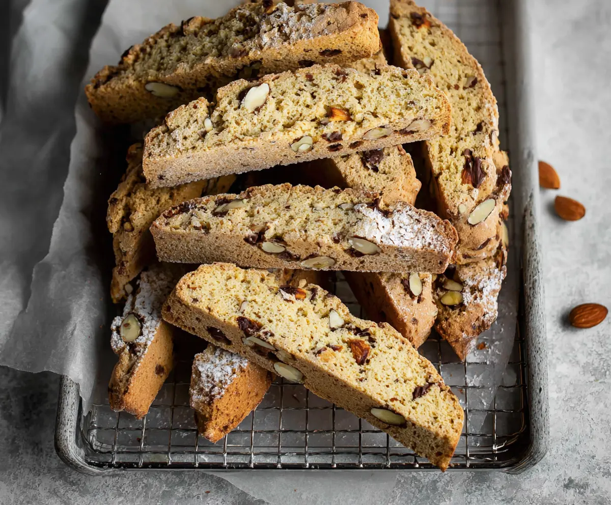 Delicious sourdough discard toasted almond biscotti served on a plate with a cup of coffee.
