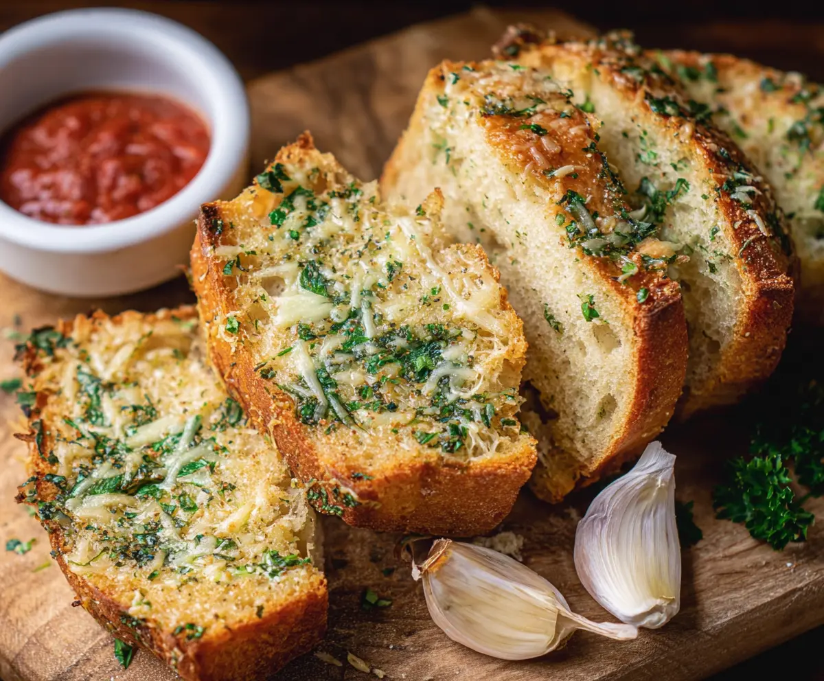 Golden crust sourdough garlic bread with melted garlic butter and fresh herbs.
