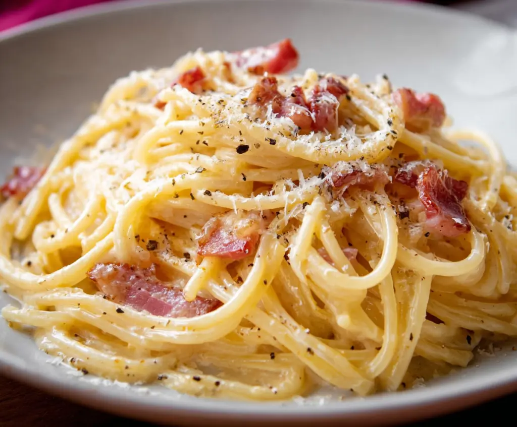 Creamy Spaghetti Alla Carbonara with pancetta and parmesan cheese served on a plate.
