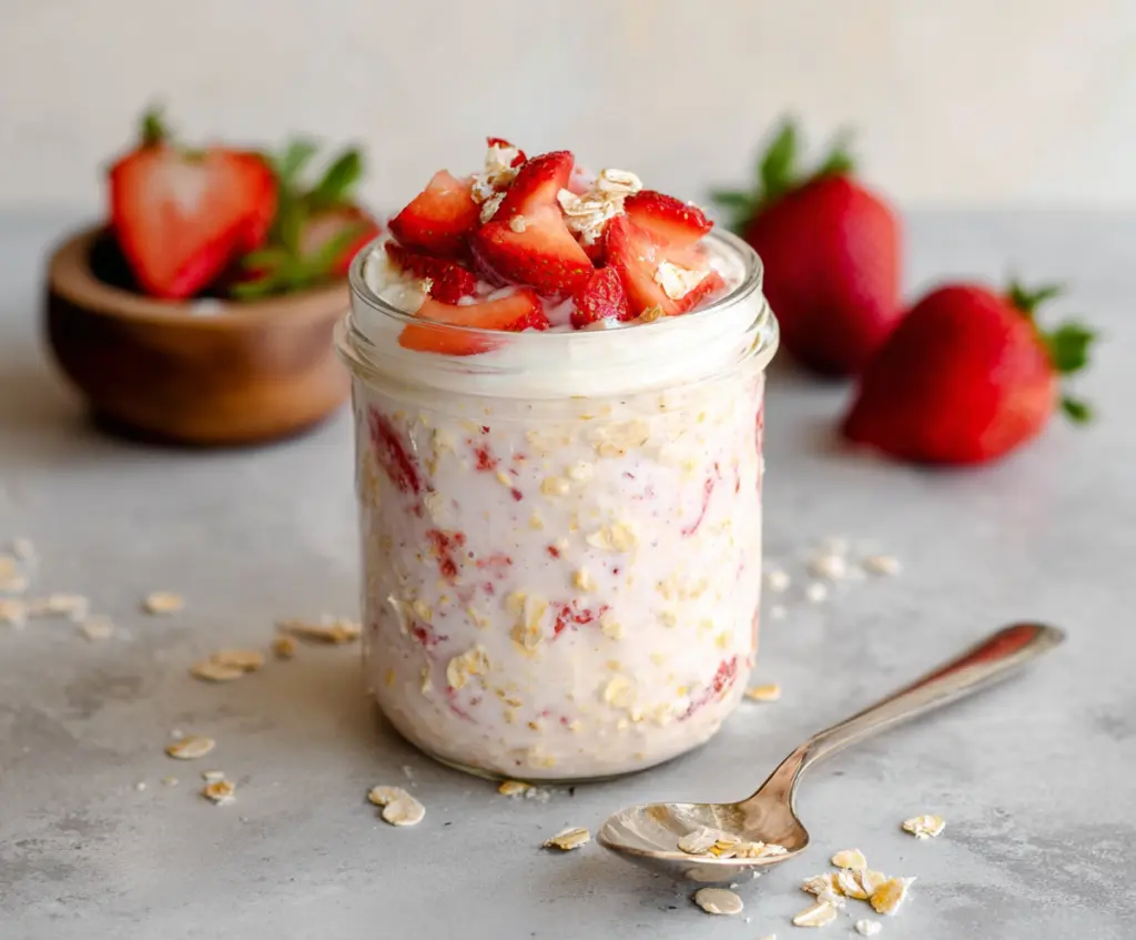Delicious strawberries and cream overnight oats in a glass jar, topped with fresh strawberries and a dollop of cream.