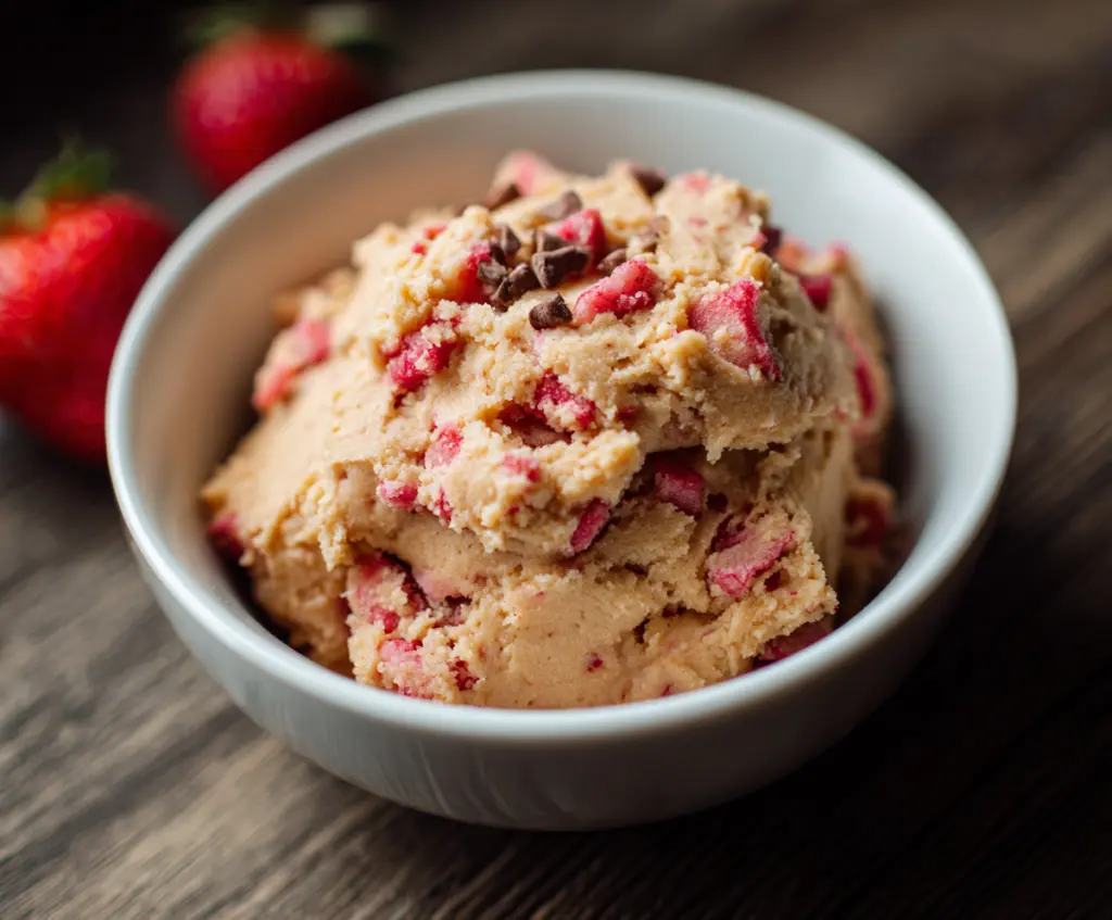 Delicious strawberry protein cookie dough served in a bowl, showcasing a healthy and flavorful snack.