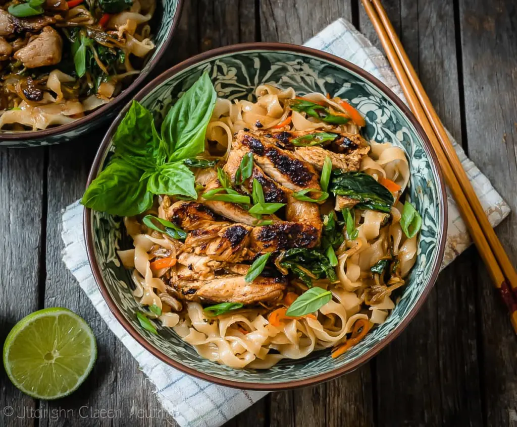 Delicious Thai Basil Chicken Noodles served in a bowl with fresh basil and colorful vegetables.