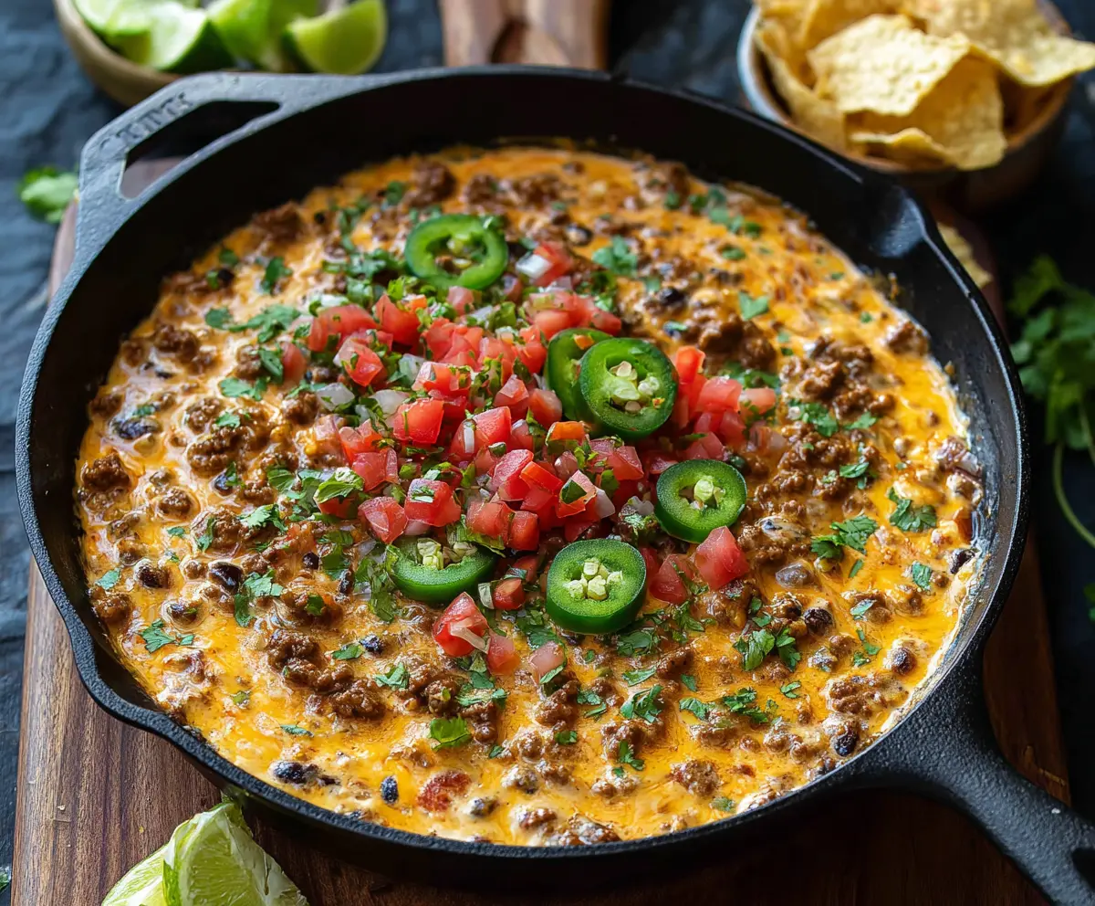 Creamy Cowboy Queso Dip with melted cheese, spicy jalapenos, and flavorful sausage in a rustic bowl.