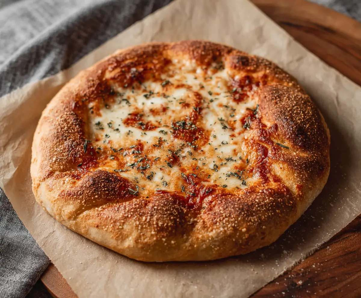 Freshly baked sourdough pizza crust on a wooden board, showcasing its crispy, golden edges.