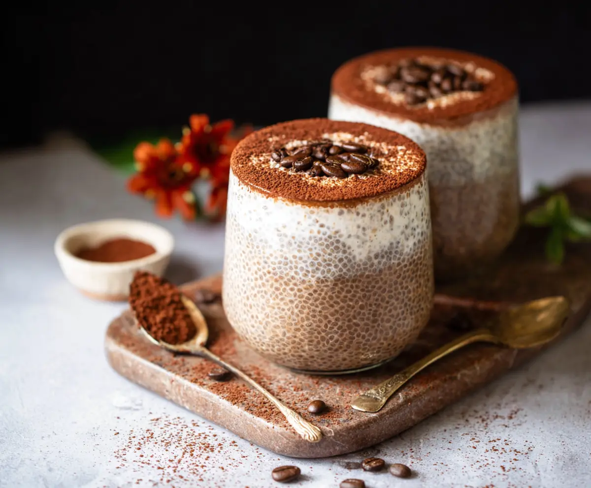 Delicious Tiramisu Chia Pudding topped with cocoa powder and whipped cream, serving as a creamy dessert treat.