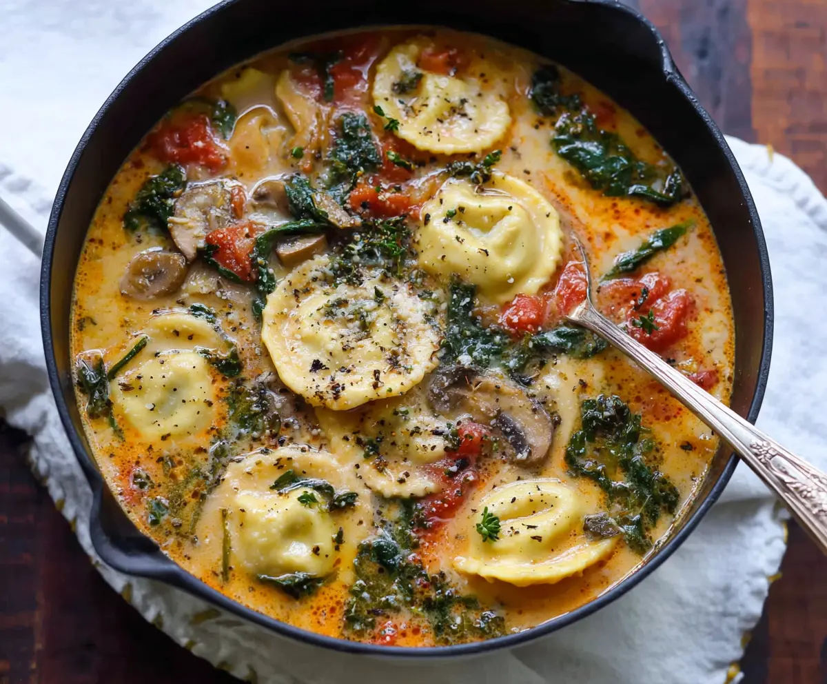 Delicious Tuscan Ravioli Soup with fresh herbs and vegetables in a bowl.