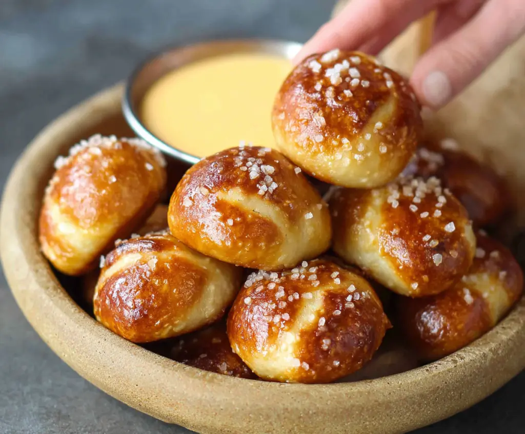 Delicious homemade pretzel bites made from two ingredient dough on a rustic wooden surface.