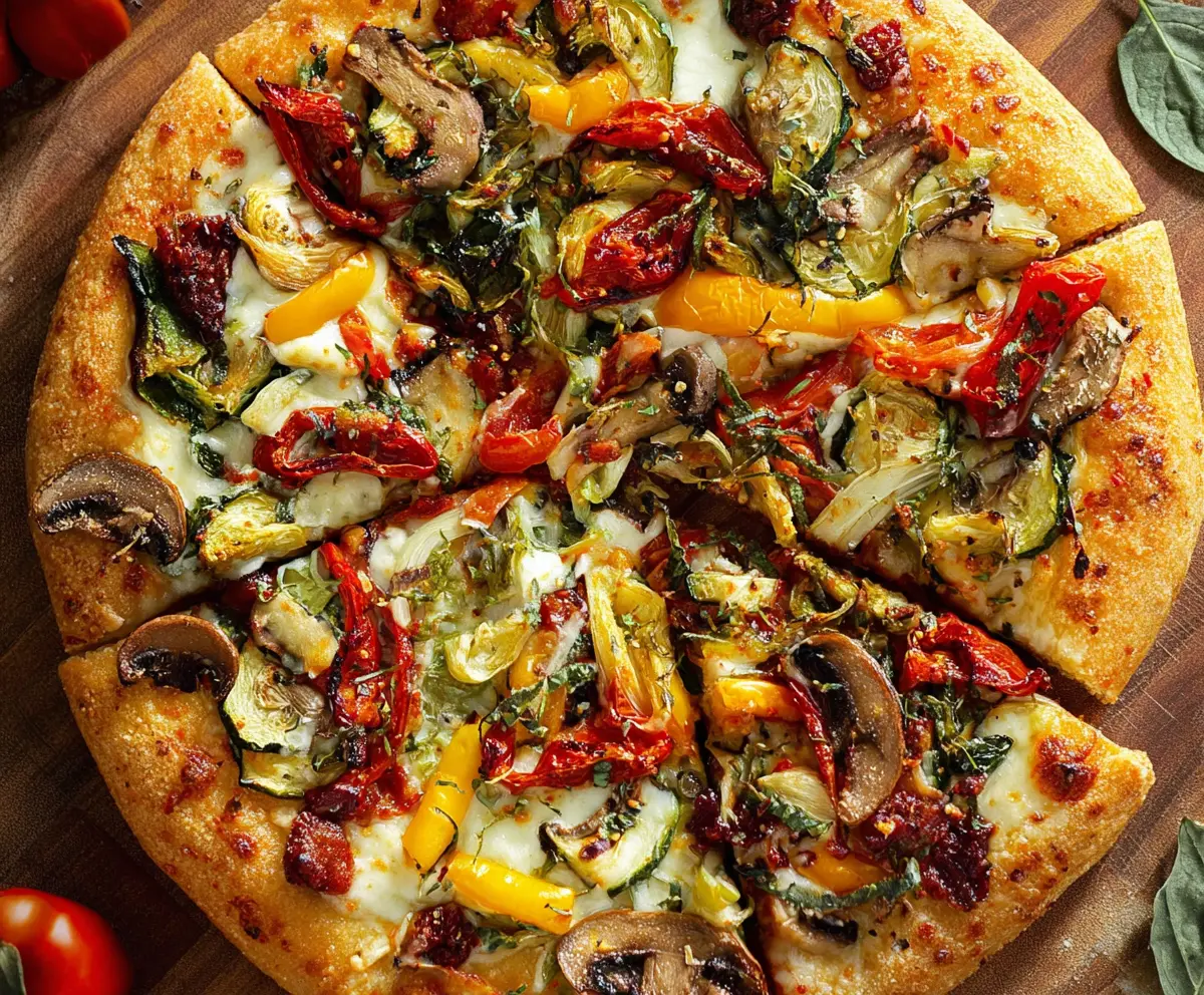 Fresh veggie pizza topped with colorful bell peppers, tomatoes, and spinach on a crispy crust.