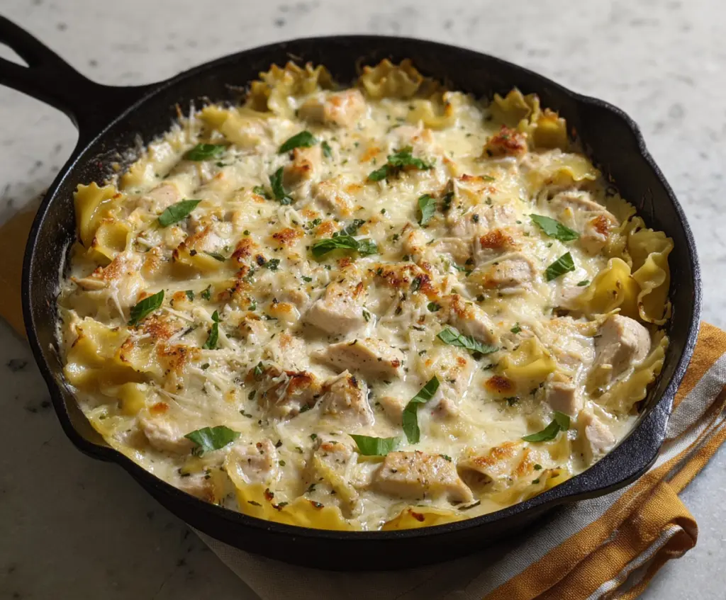 Delicious White Chicken Skillet Lasagna served in a rustic skillet highlighting creamy cheese and tender chicken layers.