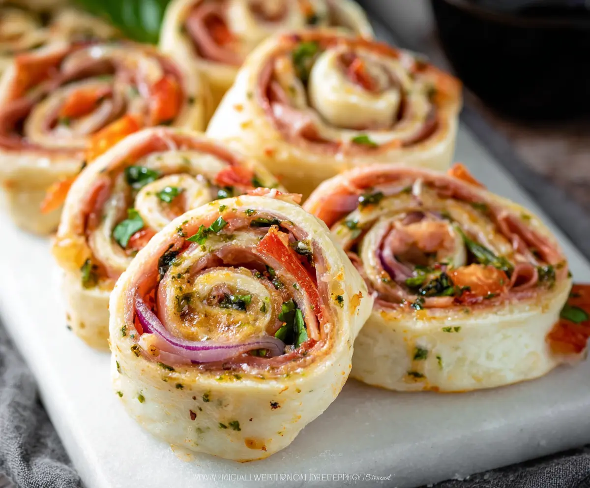 Delicious Zesty Italian Pinwheels with colorful ingredients and flaky pastry on a wooden serving board.