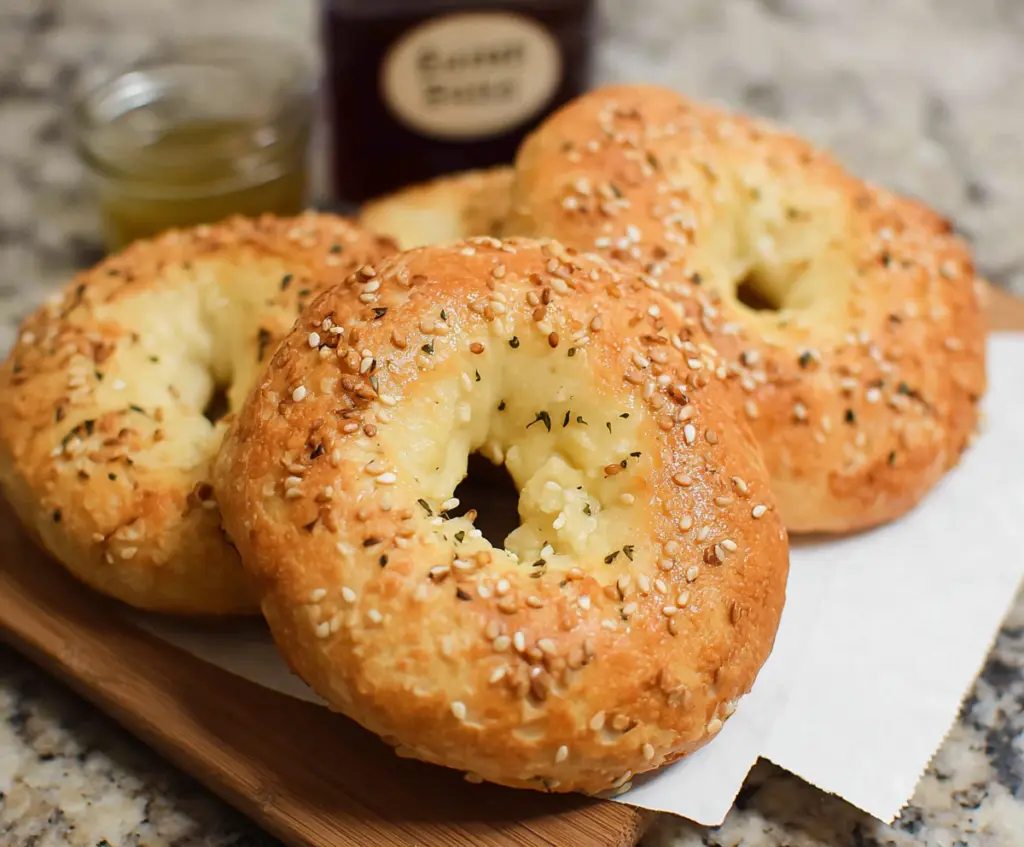 Delicious homemade cottage cheese bagels with only three ingredients on a wooden table.