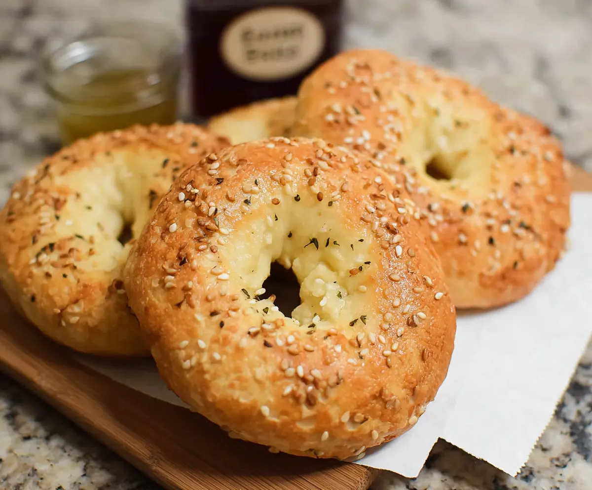 Delicious homemade cottage cheese bagels with only three ingredients on a wooden table.