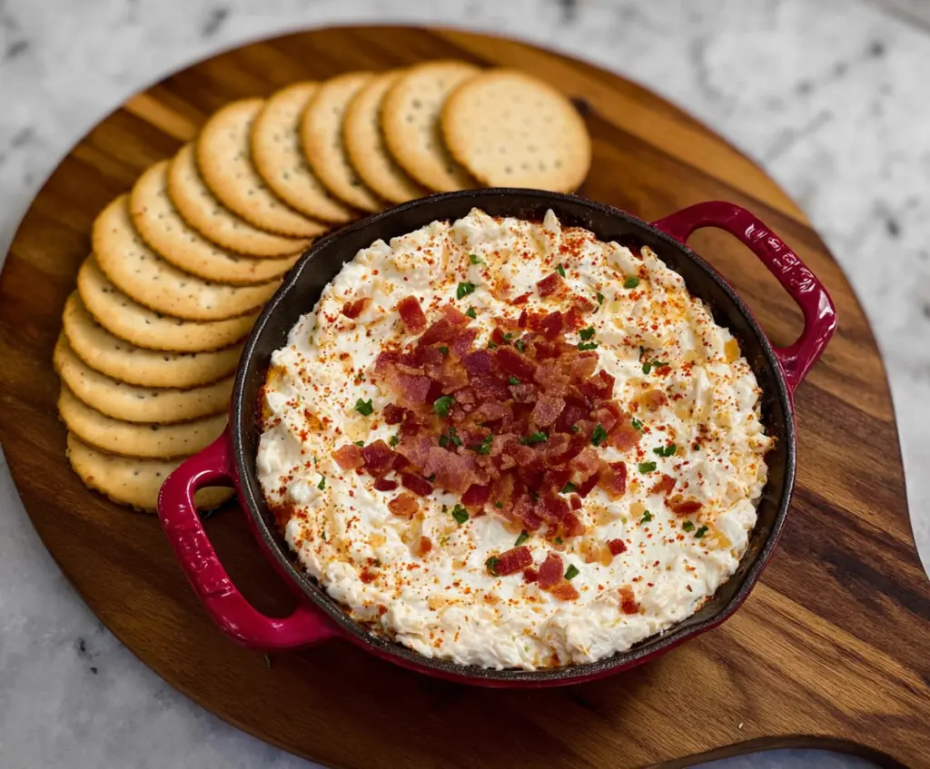 Spicy Alabama Fire Cracker Dip served with crackers and fresh vegetables, showcasing its vibrant red color.