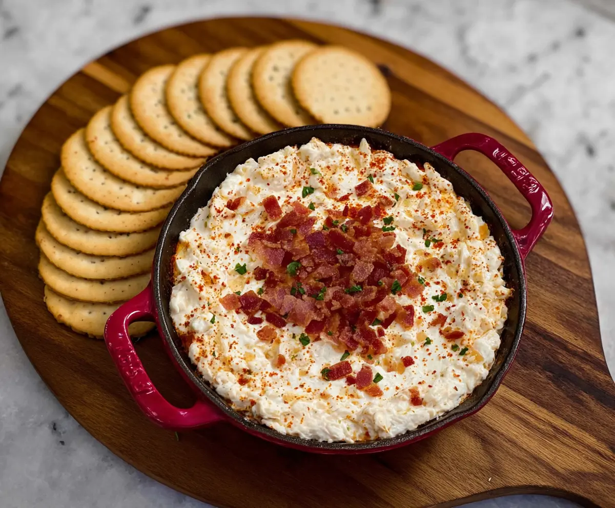 Spicy Alabama Fire Cracker Dip served with crackers and fresh vegetables, showcasing its vibrant red color.