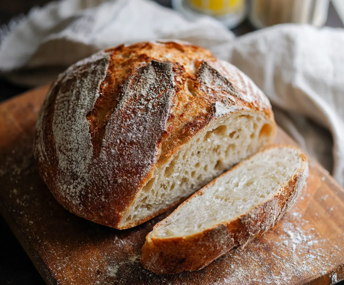 Golden artisan sourdough bread with a crusty exterior and airy interior on a rustic wooden board.