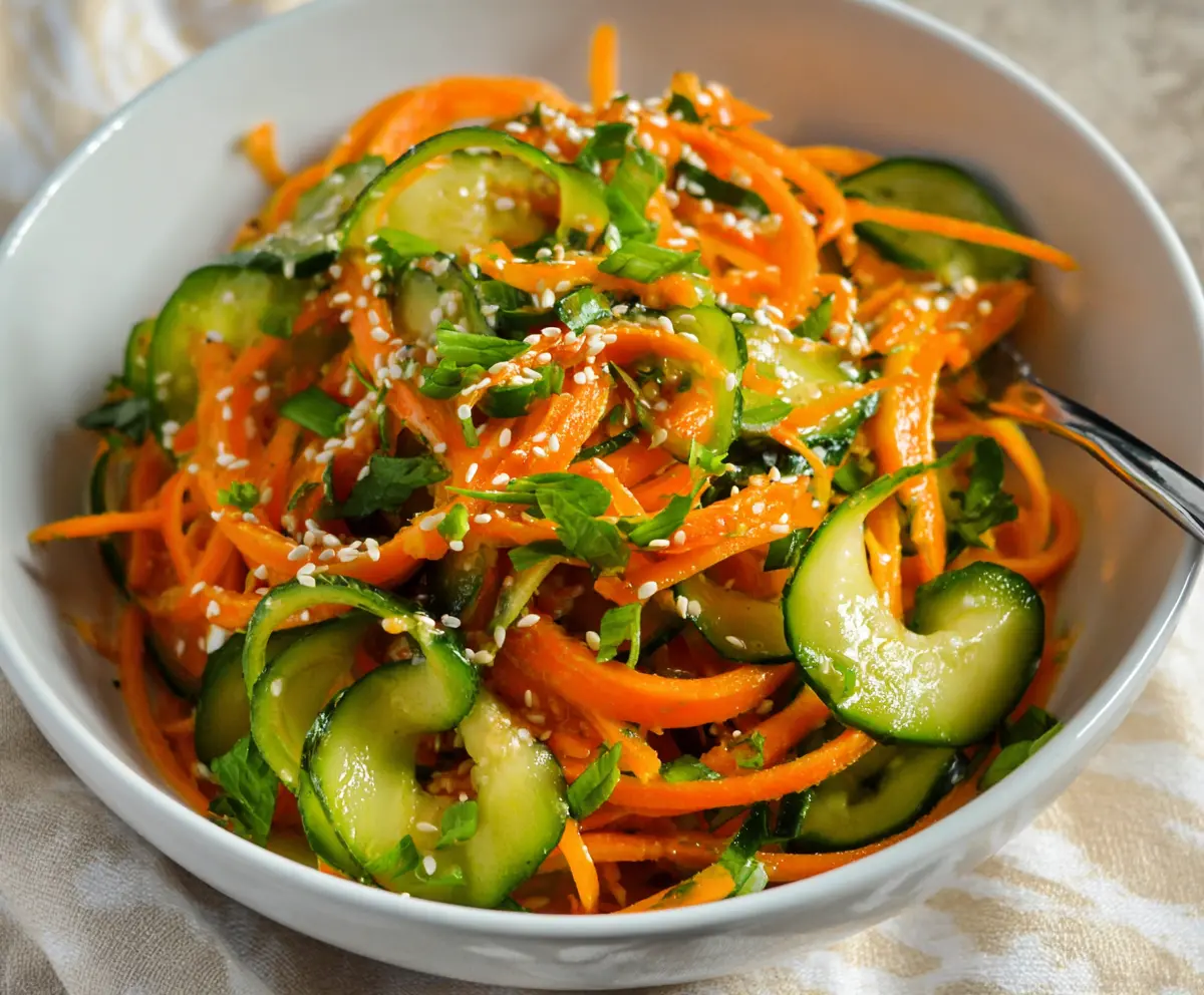 Fresh Asian carrot and cucumber salad with vibrant vegetables and light dressing, perfect for a healthy appetizer.