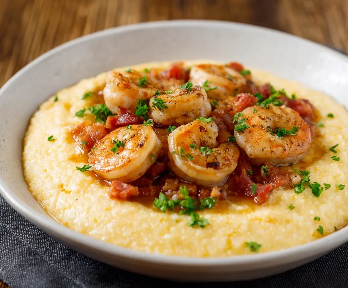Delicious Southern shrimp and grits dish featuring plump shrimp served over creamy, cheesy grits.