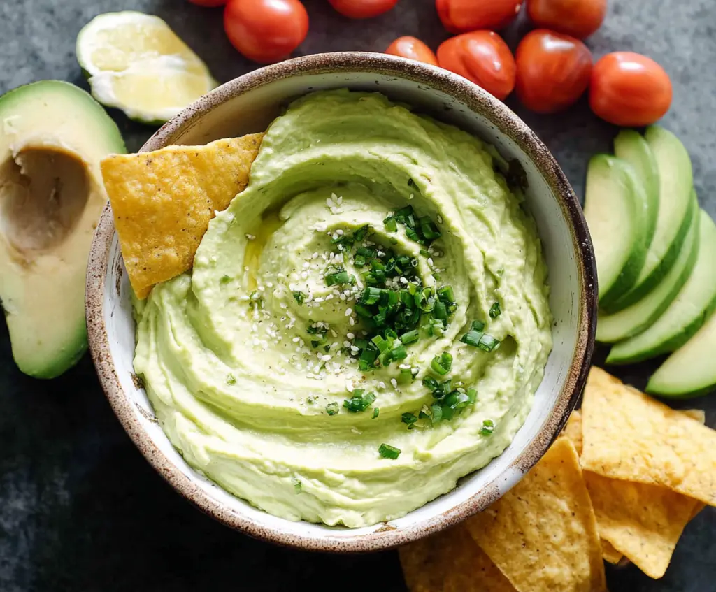 Creamy avocado dip with fresh herbs served with tortilla chips