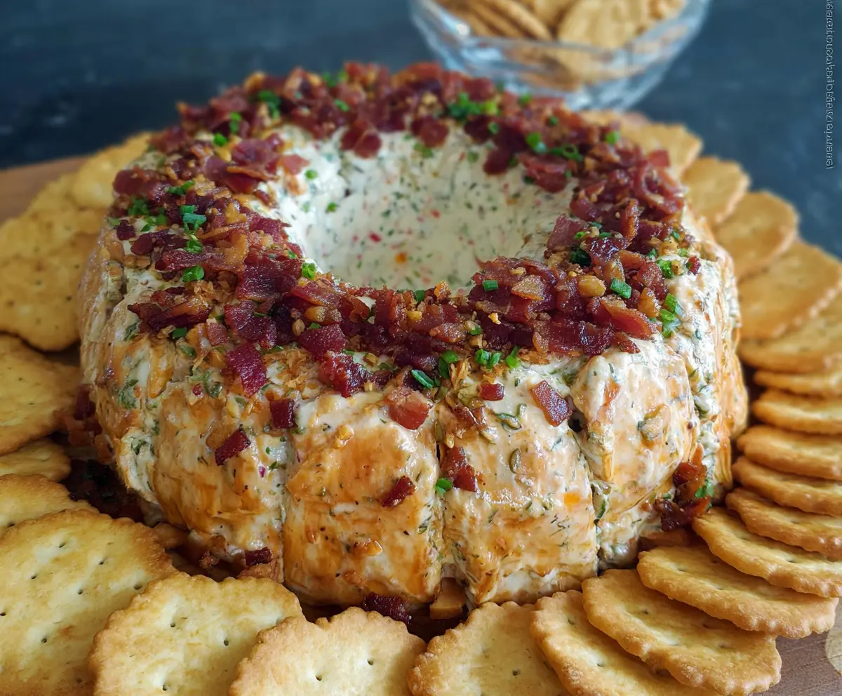 Delicious bacon cheese ring party dip served on a platter, perfect for gatherings.