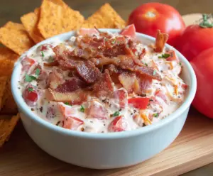 Creamy bacon and tomato dip served with fresh bread, perfect for appetizers.