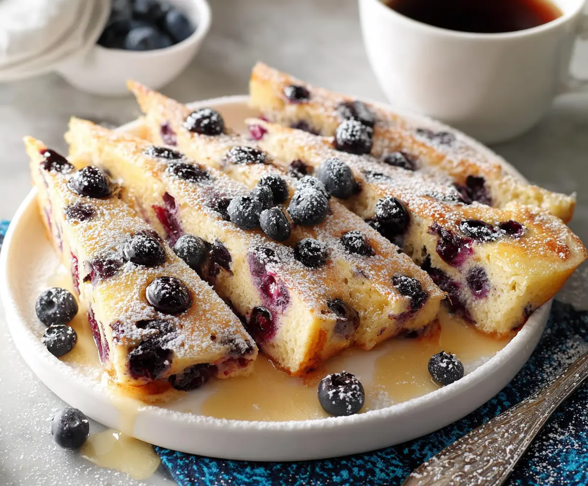 Delicious baked blueberry pancake topped with fresh blueberries and syrup, perfect for breakfast or brunch.