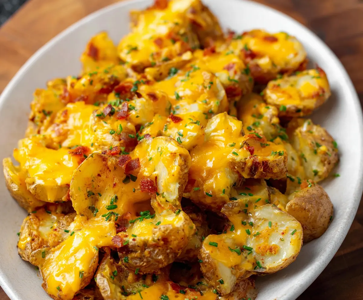 Golden baked cheddar ranch potatoes with a crispy crust and melty cheese topping.