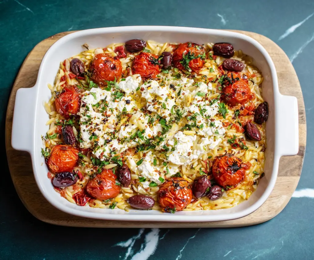 Delicious baked feta and orzo pasta dish served in a rustic bowl, garnished with herbs.