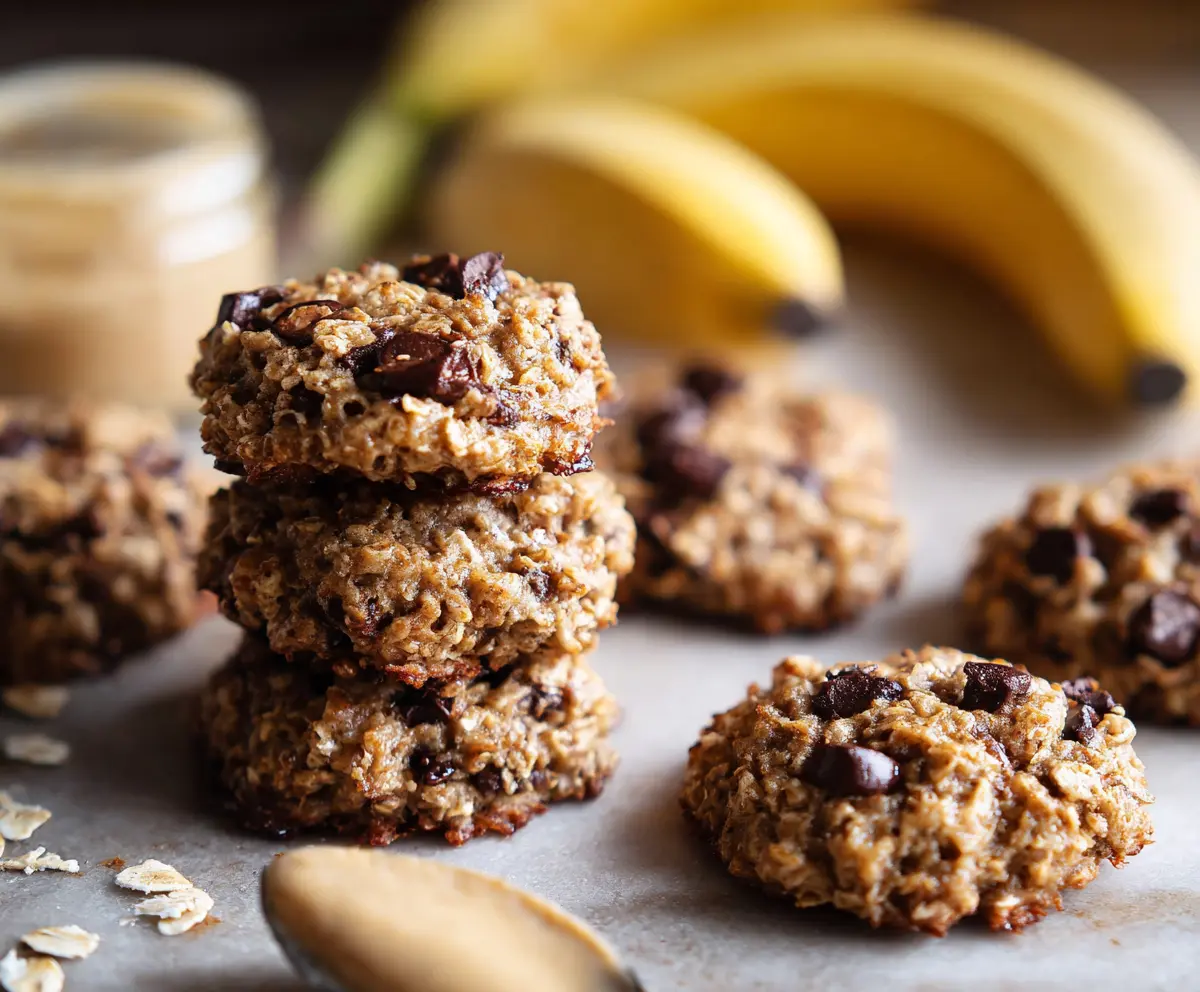 Healthy Banana Oatmeal Breakfast Cookies on a plate with ingredients in the background