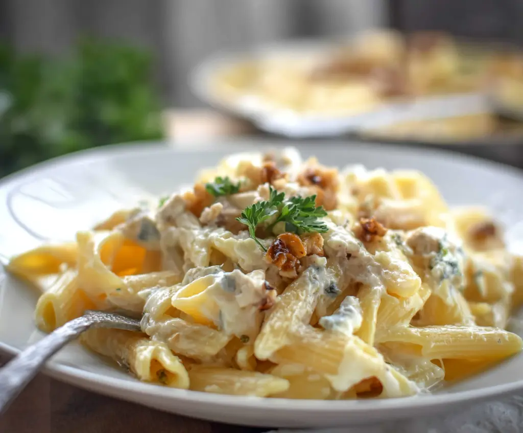 Creamy blue cheese pasta garnished with fresh herbs on a rustic plate.