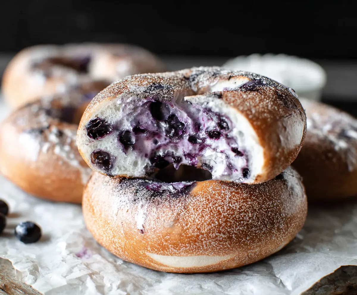 Freshly baked blueberry bagels topped with blueberries and a crispy crust.