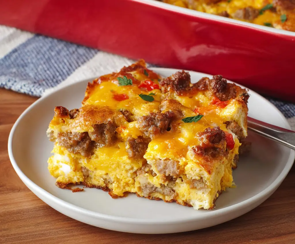 Delicious breakfast sausage casserole with eggs, cheese, and golden-brown breadcrumbs served in a baking dish.