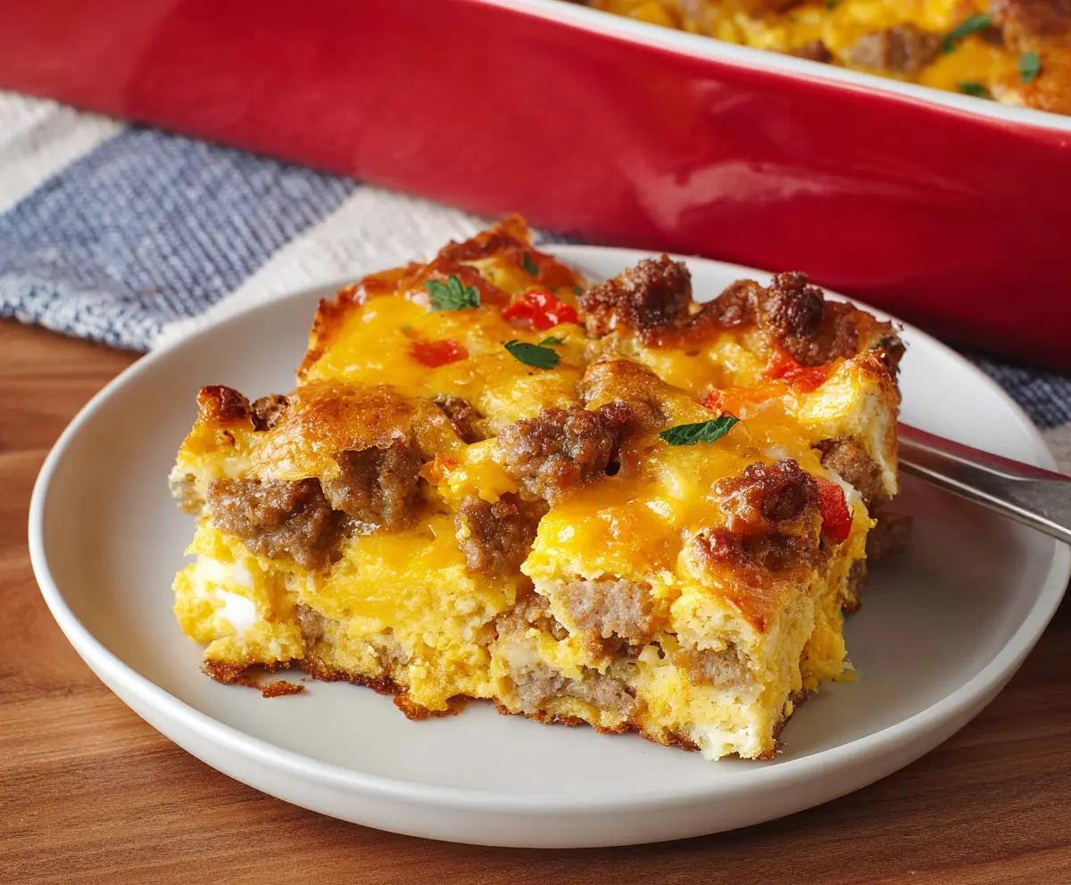 Delicious breakfast sausage casserole with eggs, cheese, and golden-brown breadcrumbs served in a baking dish.