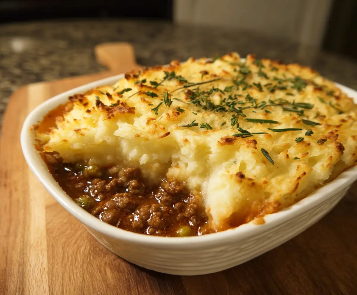 Delicious British Shepherd's Pie with seasoned minced meat and creamy mashed potato topping.