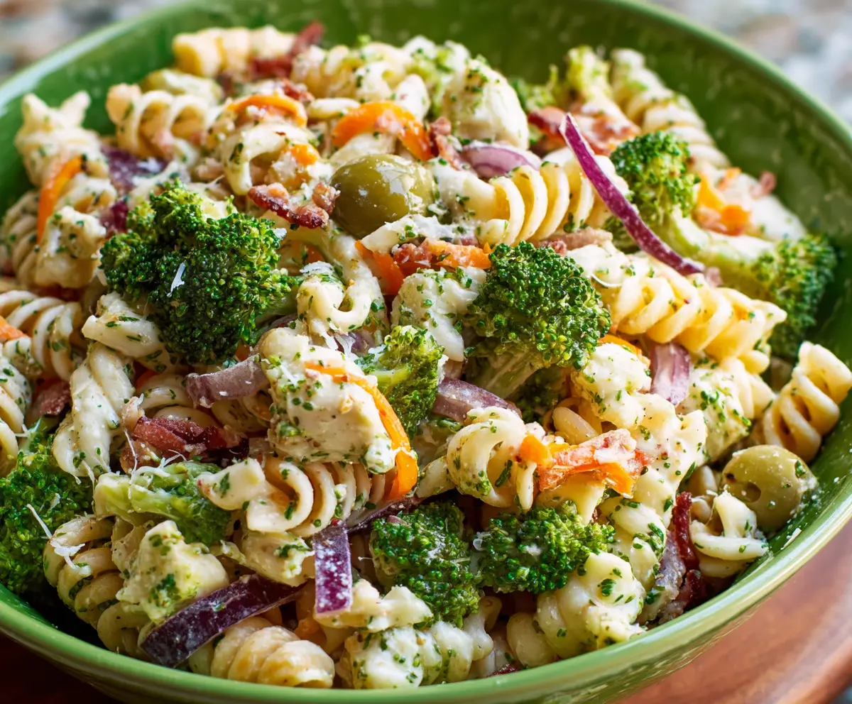 Fresh broccoli pasta salad with cherry tomatoes and parmesan cheese, served in a white bowl.