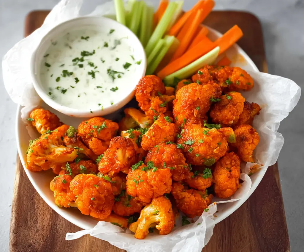Crispy buffalo cauliflower bites served with dipping sauce for a flavorful appetizer.