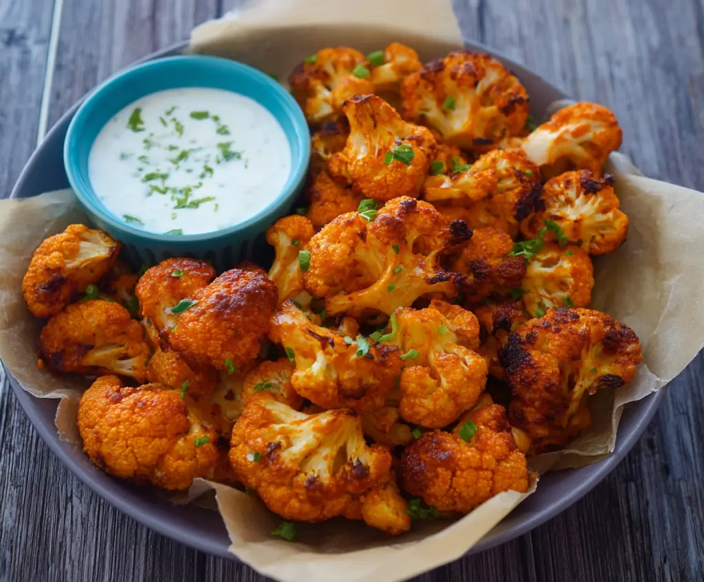 Crispy Buffalo Cauliflower Wings served with celery and blue cheese dressing on a white plate.