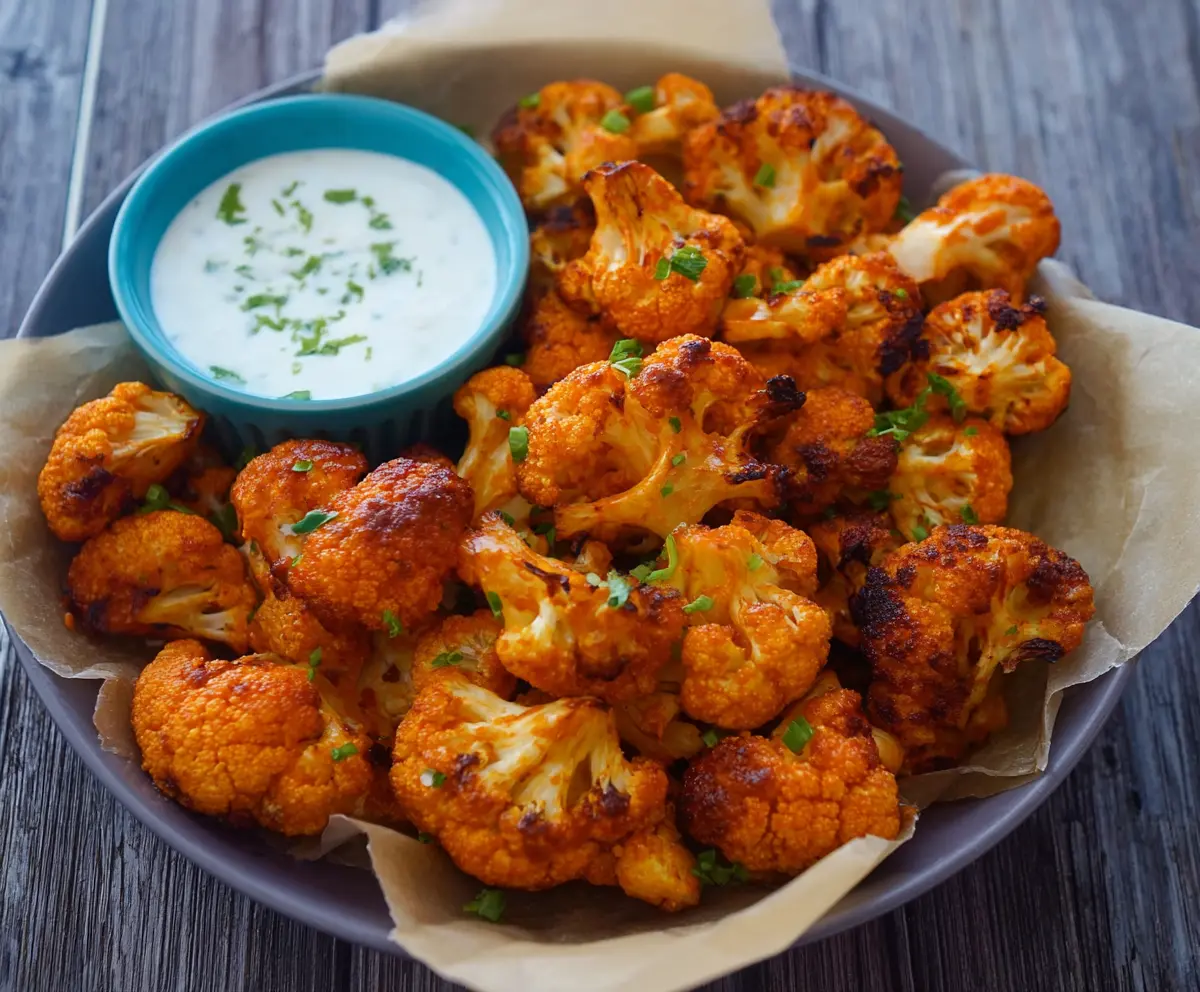Crispy Buffalo Cauliflower Wings served with celery and blue cheese dressing on a white plate.