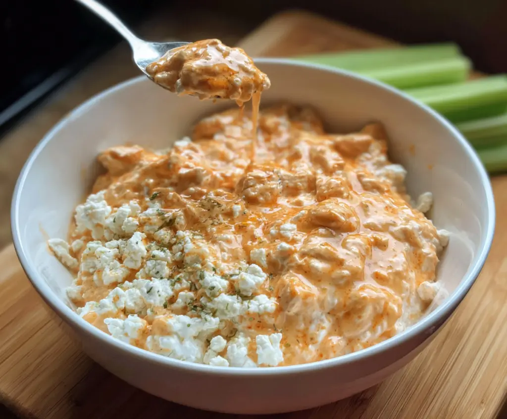 Buffalo chicken cottage cheese bowl with spicy sauce and fresh herbs